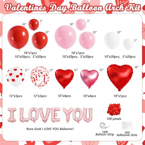 Valentines Day Balloon Arch Garland Kit, Valentine Pink White Red Heart I LOVE YOU Balloons with Rose Petals for Bachelorette Bridal Engagement Birthday Galentines Valentines Party Decorations in Saudi Arabia