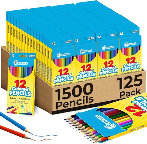 Rosmonde Colored Pencils Bulk 125 Pack | 1500 Pencils, Color Pencil Set, 12 Bright Colors, Pre-Sharpened for Easy Use, Easy Grip, Bulk Art Supplies for Classrooms, Teachers & Back to School in Saudi Arabia