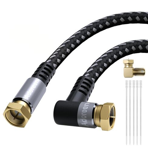 Adoreen Coaxial Cable 3 ft-2 Pack-Right Angle Quad Shielded 90 Degree RG6 Coax Cable Cord, Male F Gold-Plated Nylon-Braided, in-Wall, Digital TV Aerial AV with Angled Male to Female Adapter+15 Ties in Kuwait
