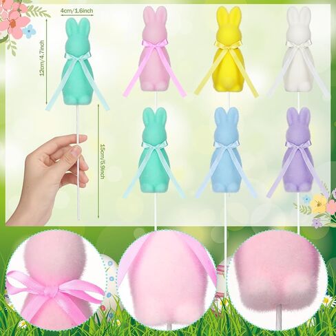6 Pcs Easter Bunny Picks Pastel Flocked Bunny Picks Easter Rabbit Ornament with Bow 11" Tall for Spring Vase Table Floral Arrangement Centerpiece Wreath Tree Ornament in Kuwait