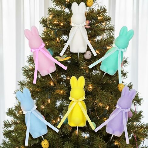 6 Pcs Easter Bunny Picks Pastel Flocked Bunny Picks Easter Rabbit Ornament with Bow 11" Tall for Spring Vase Table Floral Arrangement Centerpiece Wreath Tree Ornament in Kuwait