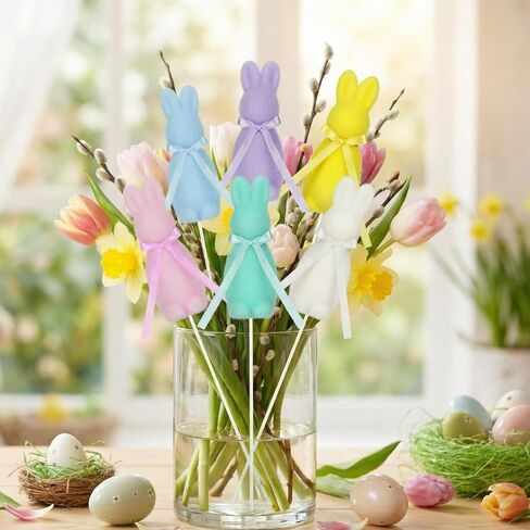 6 Pcs Easter Bunny Picks Pastel Flocked Bunny Picks Easter Rabbit Ornament with Bow 11" Tall for Spring Vase Table Floral Arrangement Centerpiece Wreath Tree Ornament in Kuwait