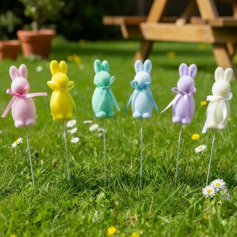 6 Pcs Easter Bunny Picks Pastel Flocked Bunny Picks Easter Rabbit Ornament with Bow 11" Tall for Spring Vase Table Floral Arrangement Centerpiece Wreath Tree Ornament in Kuwait