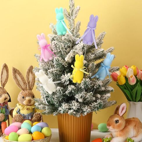 6 Pcs Easter Bunny Picks Pastel Flocked Bunny Picks Easter Rabbit Ornament with Bow 11" Tall for Spring Vase Table Floral Arrangement Centerpiece Wreath Tree Ornament in Kuwait