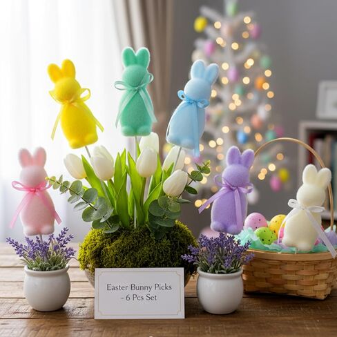 6 Pcs Easter Bunny Picks Pastel Flocked Bunny Picks Easter Rabbit Ornament with Bow 11" Tall for Spring Vase Table Floral Arrangement Centerpiece Wreath Tree Ornament in Kuwait