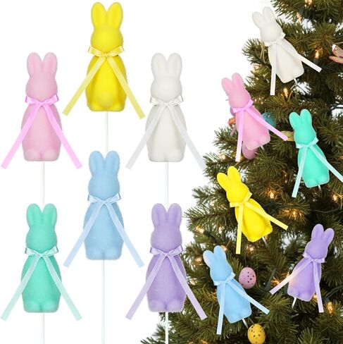 6 Pcs Easter Bunny Picks Pastel Flocked Bunny Picks Easter Rabbit Ornament with Bow 11" Tall for Spring Vase Table Floral Arrangement Centerpiece Wreath Tree Ornament in Kuwait