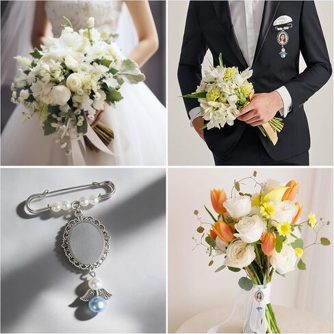 سحر باقة الزفاف مع مدلاة للصور - دبوس تذكار أزرق تذكاري لحفلات الزفاف، لتكريم أحبائهم | باقة اكسسوار للعروس in Kuwait