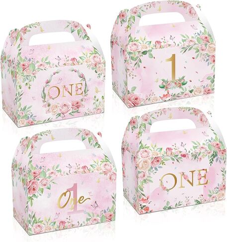 12Pcs Elegant Tea Party Themed 1st Birthday Gift Boxes,Pink Flower One Year Birthday Party Gift Handheld Paper Box, Perfect for Party Favors and Celebrations in Saudi Arabia