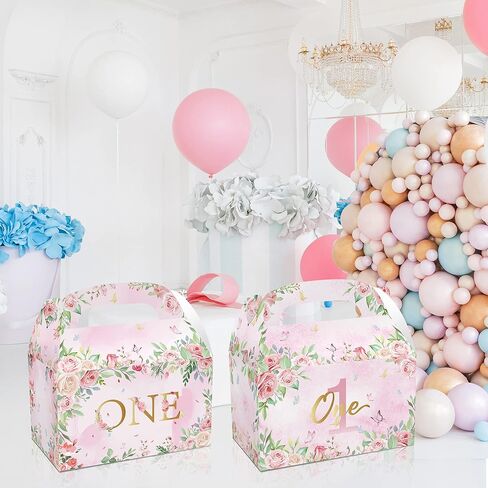 12Pcs Elegant Tea Party Themed 1st Birthday Gift Boxes,Pink Flower One Year Birthday Party Gift Handheld Paper Box, Perfect for Party Favors and Celebrations in Saudi Arabia