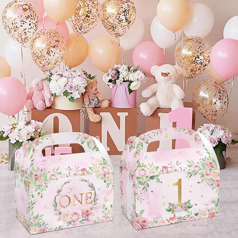 12Pcs Elegant Tea Party Themed 1st Birthday Gift Boxes,Pink Flower One Year Birthday Party Gift Handheld Paper Box, Perfect for Party Favors and Celebrations in Saudi Arabia