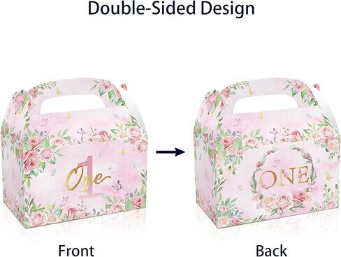 12Pcs Elegant Tea Party Themed 1st Birthday Gift Boxes,Pink Flower One Year Birthday Party Gift Handheld Paper Box, Perfect for Party Favors and Celebrations in Saudi Arabia