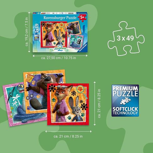 Ravensburger - Zootopia 2: A New Mission - مجموعة ألغاز الصور المقطوعة 3 × 49 قطعة - مشاهد نابضة بالحياة مع جودي هوبس ونيك وايلد والأصدقاء - جودة ممتازة - متعة خالية من الشاشة - للأطفال بعمر 5 سنوات فما فوق in Kuwait