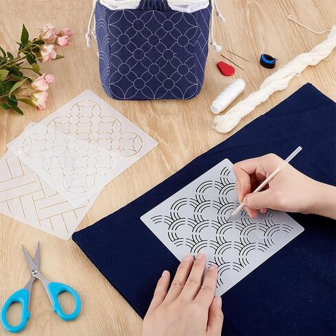 FREEBLOSS Sashiko Bag Kit Sashiko Drawstring Bento Bag Kit DIY Sashiko Bag Making Kit with PET Sashiko Stencil Beginner Friendly Home Decoration Gift Ideas in Saudi Arabia