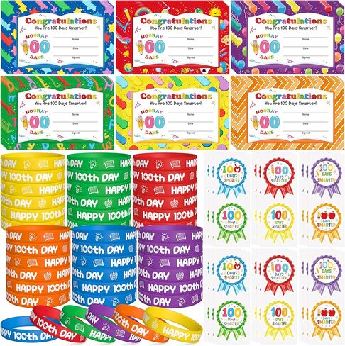WATINC 100 Days of School Awards Set - 162Pcs Hooray 100 Days School Bracelets Smarter Greeting Cards Student Reward Stickers, Happy 100th Pencils Eraser Party Supplies for Classroom Teacher (Big Set) in Saudi Arabia