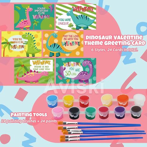 Aviski 24 Pack Valentines Day Cards for Kids with Dinosaur Painting Kit for Kids, Greeting Cards for School Classroom Exchange Gifts, Arts and Crafts Party Favor Supplies in Saudi Arabia