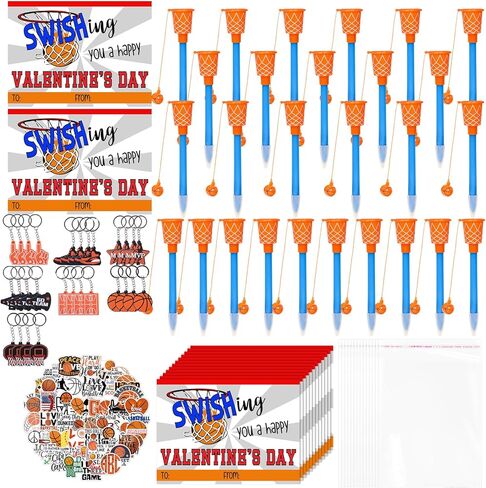 30 Set Valentine's Day Gifts Bulk Basketball Party Favors Basketball Hoop Pens Set Keychains Stickers Card Classroom Rewards Prizes Party Valentine's Present from Teacher in Saudi Arabia