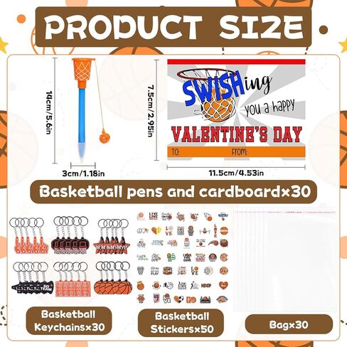 30 Set Valentine's Day Gifts Bulk Basketball Party Favors Basketball Hoop Pens Set Keychains Stickers Card Classroom Rewards Prizes Party Valentine's Present from Teacher in Saudi Arabia