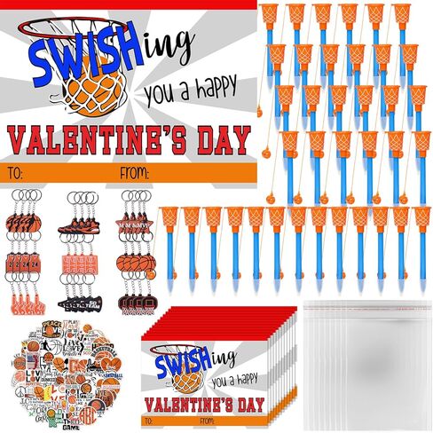 30 Set Valentine's Day Gifts Bulk Basketball Party Favors Basketball Hoop Pens Set Keychains Stickers Card Classroom Rewards Prizes Party Valentine's Present from Teacher in Saudi Arabia