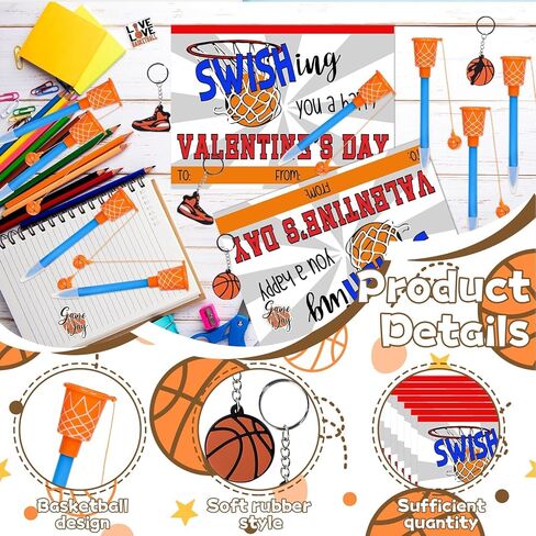 30 Set Valentine's Day Gifts Bulk Basketball Party Favors Basketball Hoop Pens Set Keychains Stickers Card Classroom Rewards Prizes Party Valentine's Present from Teacher in Saudi Arabia