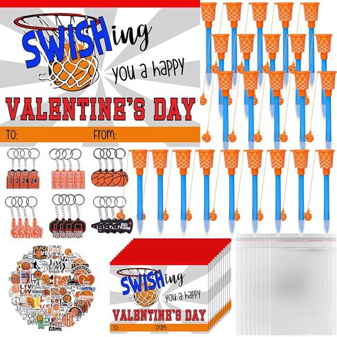 30 Set Valentine's Day Gifts Bulk Basketball Party Favors Basketball Hoop Pens Set Keychains Stickers Card Classroom Rewards Prizes Party Valentine's Present from Teacher in Saudi Arabia