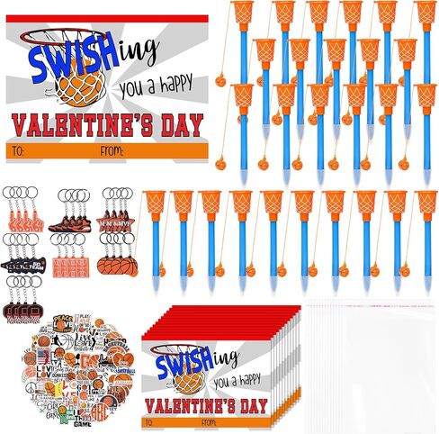 30 Set Valentine's Day Gifts Bulk Basketball Party Favors Basketball Hoop Pens Set Keychains Stickers Card Classroom Rewards Prizes Party Valentine's Present from Teacher in Saudi Arabia