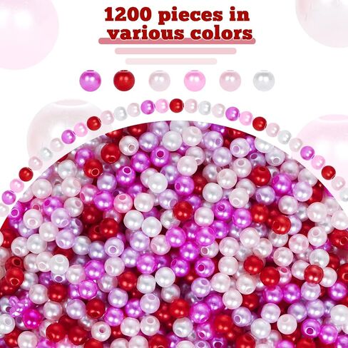 1200pcs Valentine's Day Pearl Beads 6mm Plastic Round Pearls Beads with 10M Elastic Cord for Jewelry Making DIY Craft Supplies (Pink Red White) in Saudi Arabia