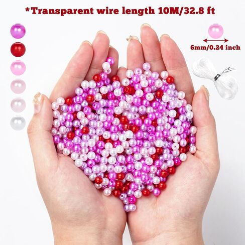 1200pcs Valentine's Day Pearl Beads 6mm Plastic Round Pearls Beads with 10M Elastic Cord for Jewelry Making DIY Craft Supplies (Pink Red White) in Saudi Arabia