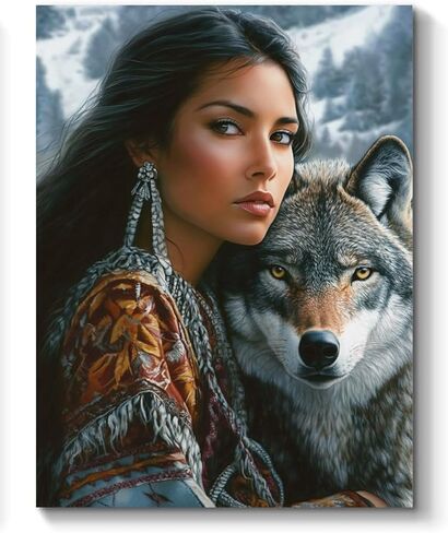 American Native Indian Woman and Wolf Paint by Numbers Kit for Adults, 16"x20" Canvas Painting Kit for Beginners, Modern Aesthetic DIY Paint by Number on Canvas for Home Wall Decor 85 in Saudi Arabia