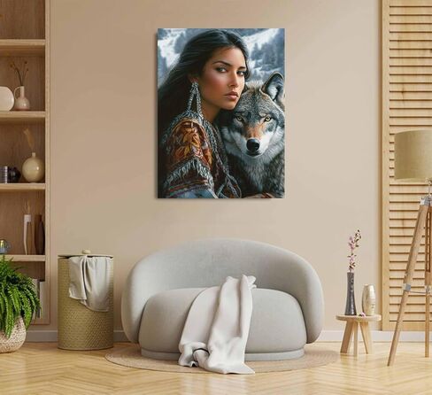 American Native Indian Woman and Wolf Paint by Numbers Kit for Adults, 16"x20" Canvas Painting Kit for Beginners, Modern Aesthetic DIY Paint by Number on Canvas for Home Wall Decor 85 in Saudi Arabia