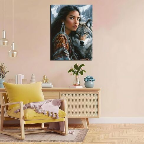 American Native Indian Woman and Wolf Paint by Numbers Kit for Adults, 16"x20" Canvas Painting Kit for Beginners, Modern Aesthetic DIY Paint by Number on Canvas for Home Wall Decor 85 in Saudi Arabia