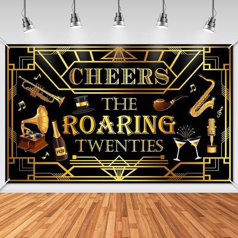 لافتة Avezano Roaring Twenties راية زخارف حفلات 20s باللون الأسود والذهبي Gatsby Theme خلفية عيد ميلاد 1920s Speakeasy عيد ميلاد الزفاف لوازم حفلات الموسيقى (6x3.6ft) in Kuwait