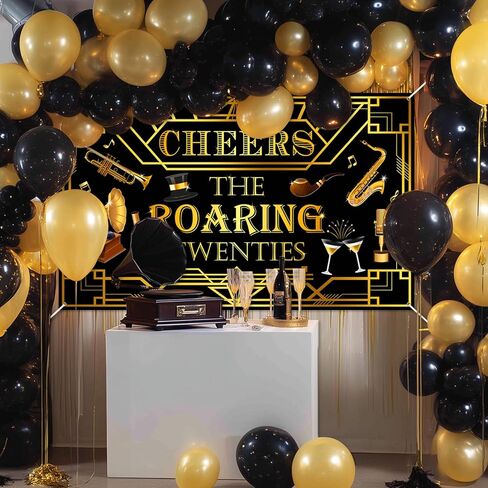 لافتة Avezano Roaring Twenties راية زخارف حفلات 20s باللون الأسود والذهبي Gatsby Theme خلفية عيد ميلاد 1920s Speakeasy عيد ميلاد الزفاف لوازم حفلات الموسيقى (6x3.6ft) in Kuwait