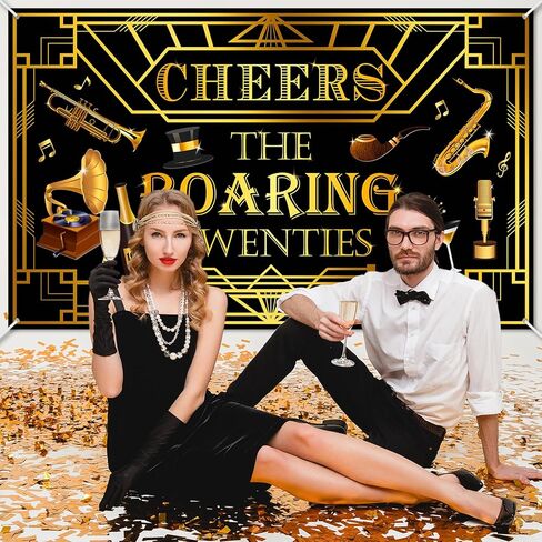 لافتة Avezano Roaring Twenties راية زخارف حفلات 20s باللون الأسود والذهبي Gatsby Theme خلفية عيد ميلاد 1920s Speakeasy عيد ميلاد الزفاف لوازم حفلات الموسيقى (6x3.6ft) in Kuwait