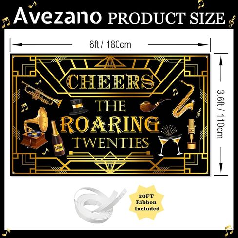 لافتة Avezano Roaring Twenties راية زخارف حفلات 20s باللون الأسود والذهبي Gatsby Theme خلفية عيد ميلاد 1920s Speakeasy عيد ميلاد الزفاف لوازم حفلات الموسيقى (6x3.6ft) in Kuwait