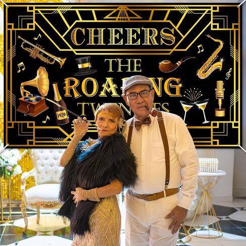 لافتة Avezano Roaring Twenties راية زخارف حفلات 20s باللون الأسود والذهبي Gatsby Theme خلفية عيد ميلاد 1920s Speakeasy عيد ميلاد الزفاف لوازم حفلات الموسيقى (6x3.6ft) in Kuwait
