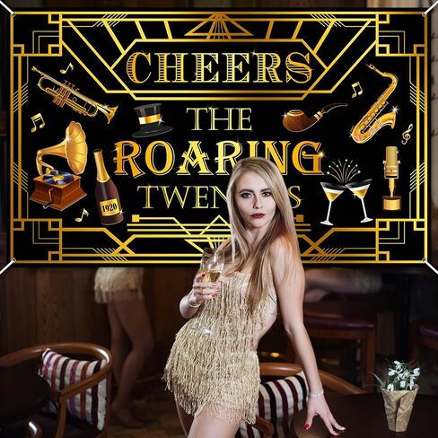 لافتة Avezano Roaring Twenties راية زخارف حفلات 20s باللون الأسود والذهبي Gatsby Theme خلفية عيد ميلاد 1920s Speakeasy عيد ميلاد الزفاف لوازم حفلات الموسيقى (6x3.6ft) in Kuwait