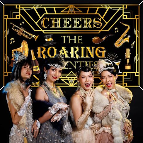 لافتة Avezano Roaring Twenties راية زخارف حفلات 20s باللون الأسود والذهبي Gatsby Theme خلفية عيد ميلاد 1920s Speakeasy عيد ميلاد الزفاف لوازم حفلات الموسيقى (6x3.6ft) in Kuwait