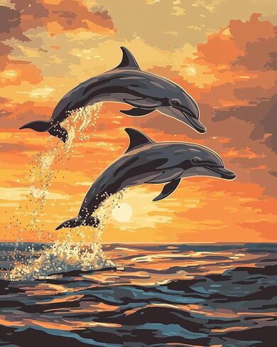 OKSGYTA Paint by Number Jumping Dolphins, Sunset Ocean Horizon Landscape Paint by Numbers for Adult on Canvas Without Frame, Dolphin Acrylic DIY Oil Painting for Home Decor Sea Animal (16x20inch) in Saudi Arabia