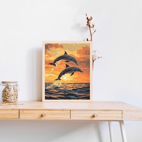 OKSGYTA Paint by Number Jumping Dolphins, Sunset Ocean Horizon Landscape Paint by Numbers for Adult on Canvas Without Frame, Dolphin Acrylic DIY Oil Painting for Home Decor Sea Animal (16x20inch) in Saudi Arabia