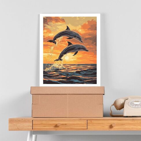 OKSGYTA Paint by Number Jumping Dolphins, Sunset Ocean Horizon Landscape Paint by Numbers for Adult on Canvas Without Frame, Dolphin Acrylic DIY Oil Painting for Home Decor Sea Animal (16x20inch) in Saudi Arabia