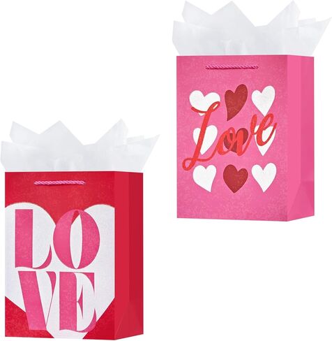 OFIHANLY 2 Pack 12.6" Medium Size Happy Valentine's Day Gift Bags with Handles for Women Her Pink Love&Heart Paper Gift Wrap Bags with Tissue Paper for Kids in Saudi Arabia