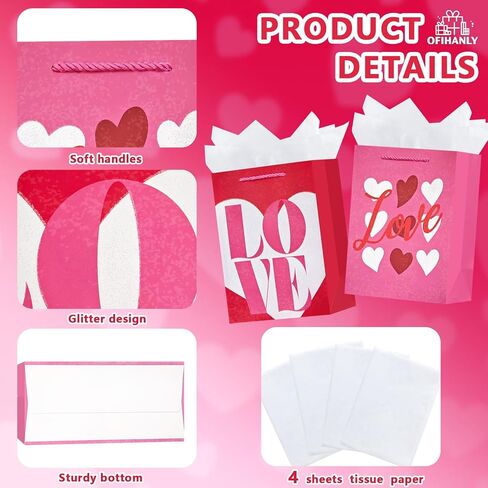 OFIHANLY 2 Pack 12.6" Medium Size Happy Valentine's Day Gift Bags with Handles for Women Her Pink Love&Heart Paper Gift Wrap Bags with Tissue Paper for Kids in Saudi Arabia