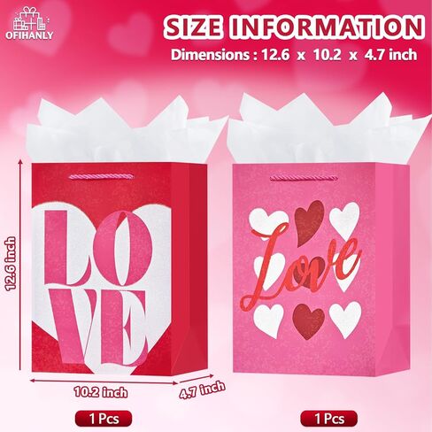 OFIHANLY 2 Pack 12.6" Medium Size Happy Valentine's Day Gift Bags with Handles for Women Her Pink Love&Heart Paper Gift Wrap Bags with Tissue Paper for Kids in Saudi Arabia
