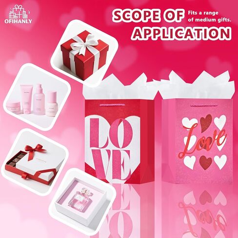 OFIHANLY 2 Pack 12.6" Medium Size Happy Valentine's Day Gift Bags with Handles for Women Her Pink Love&Heart Paper Gift Wrap Bags with Tissue Paper for Kids in Saudi Arabia