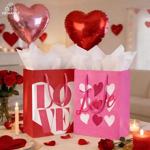 OFIHANLY 2 Pack 12.6" Medium Size Happy Valentine's Day Gift Bags with Handles for Women Her Pink Love&Heart Paper Gift Wrap Bags with Tissue Paper for Kids in Saudi Arabia