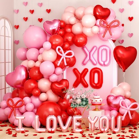 عيد الحب بالونات قوس جارلاند عدة، عيد الحب الوردي الأبيض الأحمر القلب أنا أحبك XOXO بالونات مع بتلات الورد لحفل الزفاف العازبة خطوبة عيد ميلاد جالنتينوس زينة حفلة عيد الحب in Saudi Arabia