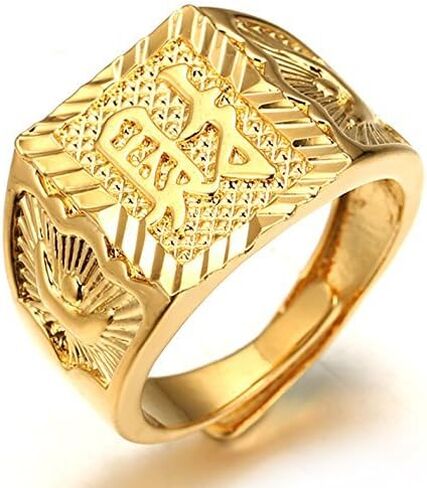 Halukakah Mens Gold Ring Diamond 3PCs Set,18K Real Gold/Platinum Filled Kanji Rich/Luck/Wealth Lab Diamonds Prong Set Size Adjustable,Gift for Men in Kuwait