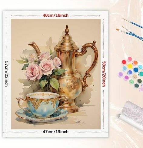 Tea Time Roses Paint by Numbers Kit for Adults - DIY Teapot and Cup Painting on Canvas 16x20 Inches, Acrylic Paint Set, for Beginners, Ideal for Home Decor or Gifts in Saudi Arabia