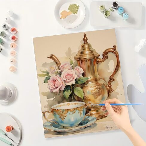 Tea Time Roses Paint by Numbers Kit for Adults - DIY Teapot and Cup Painting on Canvas 16x20 Inches, Acrylic Paint Set, for Beginners, Ideal for Home Decor or Gifts in Saudi Arabia