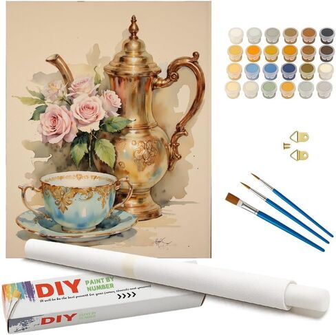 Tea Time Roses Paint by Numbers Kit for Adults - DIY Teapot and Cup Painting on Canvas 16x20 Inches, Acrylic Paint Set, for Beginners, Ideal for Home Decor or Gifts in Saudi Arabia